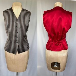 Ellen Tracy Wool  Pin Striped Grey Red Satin Waistcoat- 4